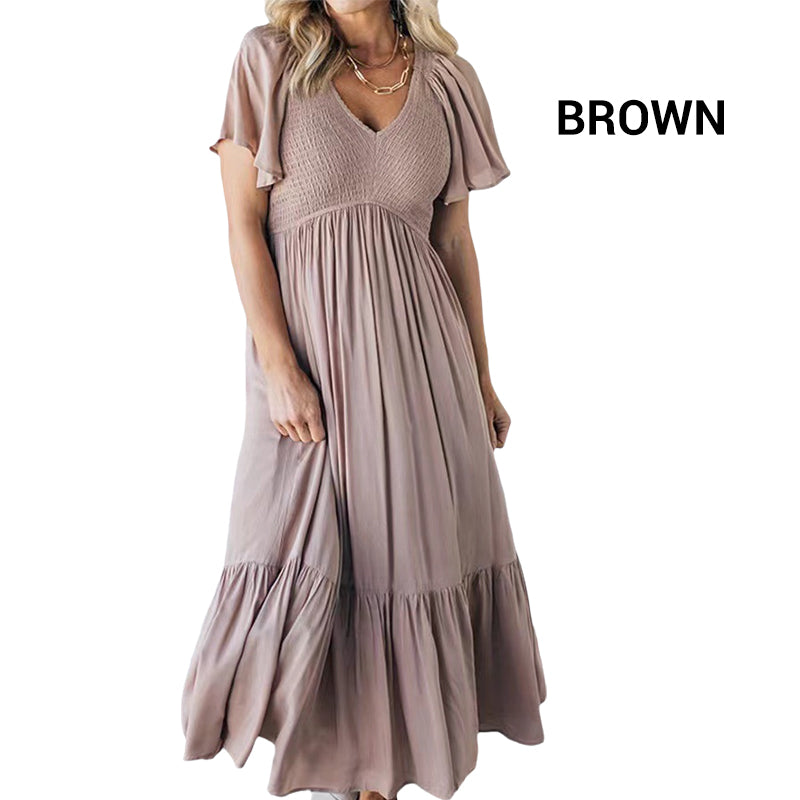 Fashion Casual Ruffle Sleeve V-Neck Pleated Dress pentagow