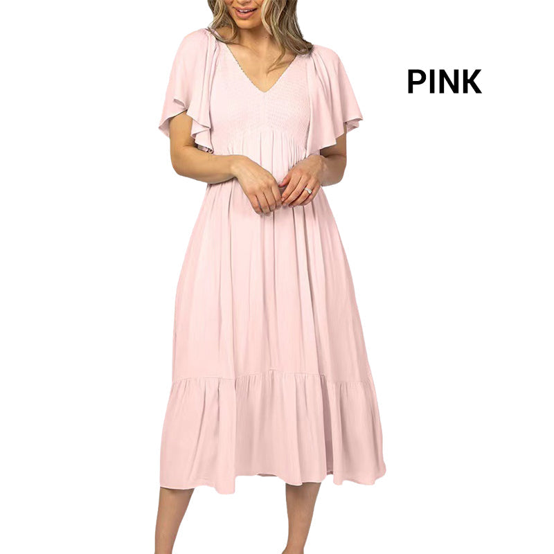 Fashion Casual Ruffle Sleeve V-Neck Pleated Dress pentagow