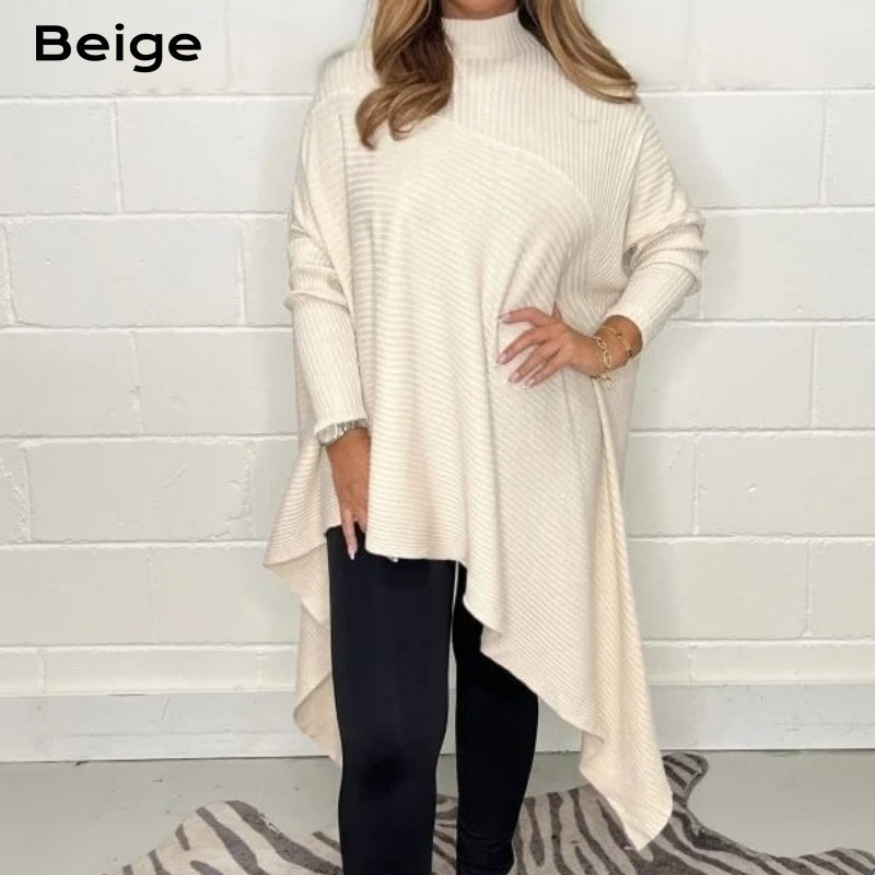 Women's Casual Knit Solid Irregular Turtleneck Sweater pentagow