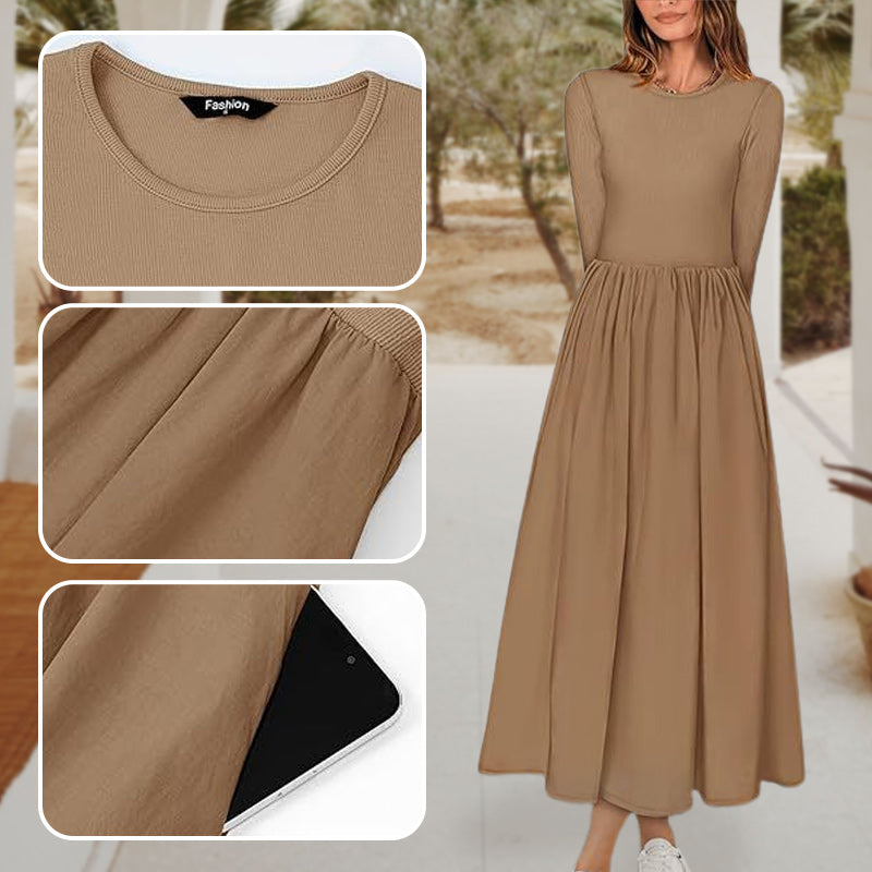 Elegant Solid Color Round Neck A-line Pleated Dress pentagow