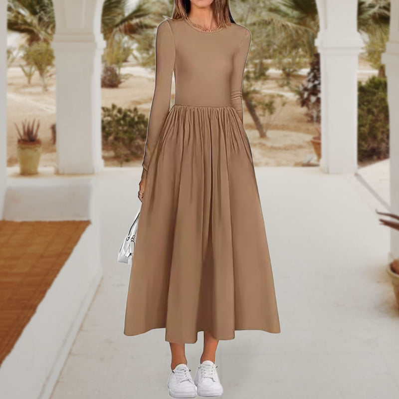 Elegant Solid Color Round Neck A-line Pleated Dress pentagow