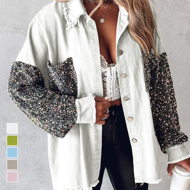 Women's Trendy Sequin Patchwork Coat with Raw Hem pentagow