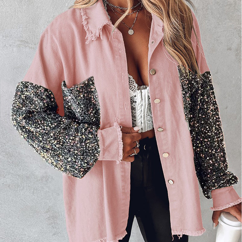 Women's Trendy Sequin Patchwork Coat with Raw Hem pentagow