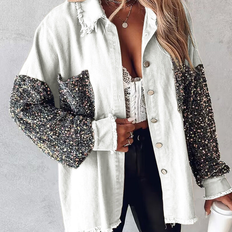 Women's Trendy Sequin Patchwork Coat with Raw Hem pentagow