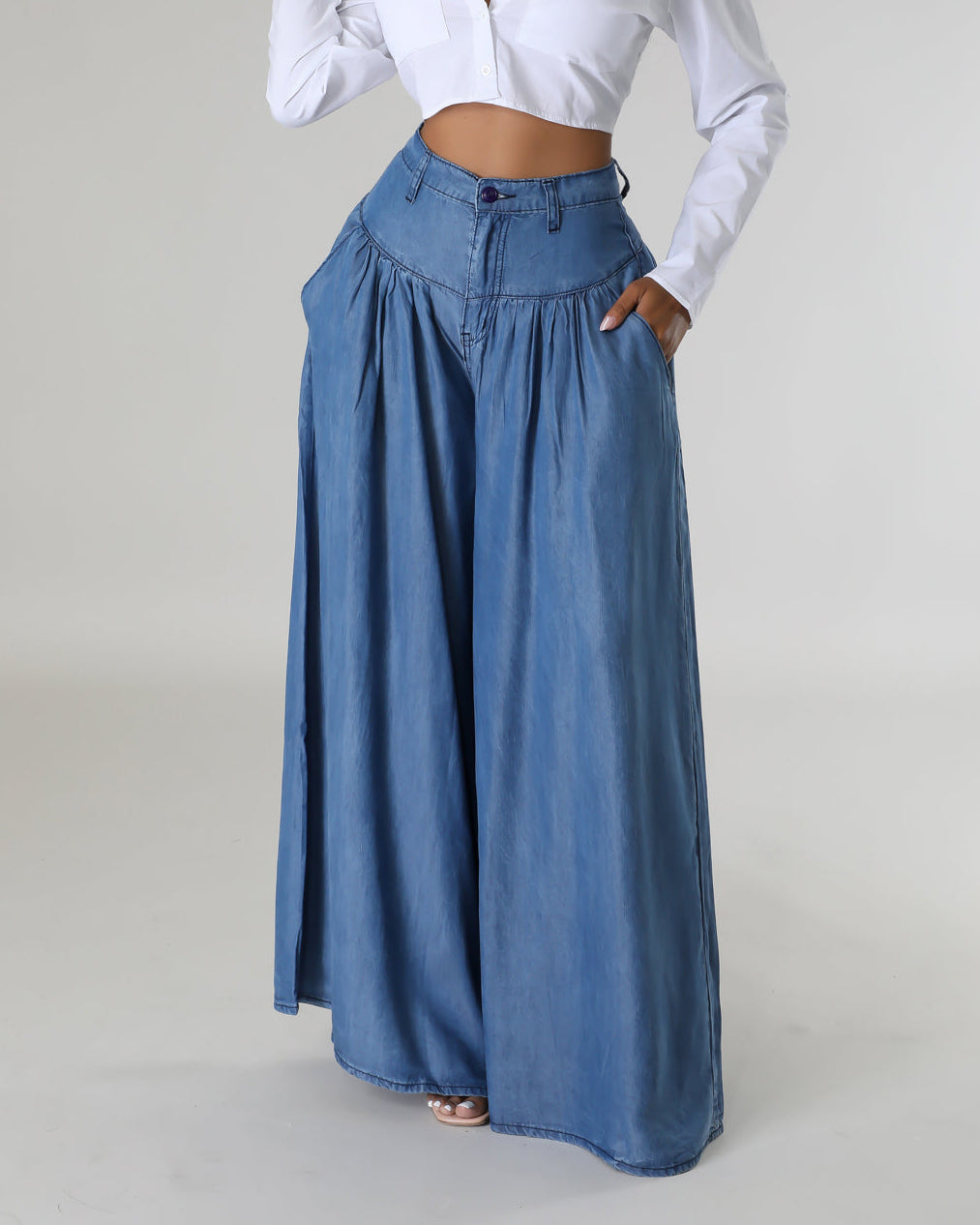 High Waist Zipper Wide Leg Denim Women Pants pentagow