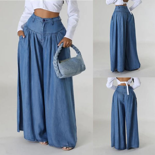 High Waist Zipper Wide Leg Denim Women Pants pentagow