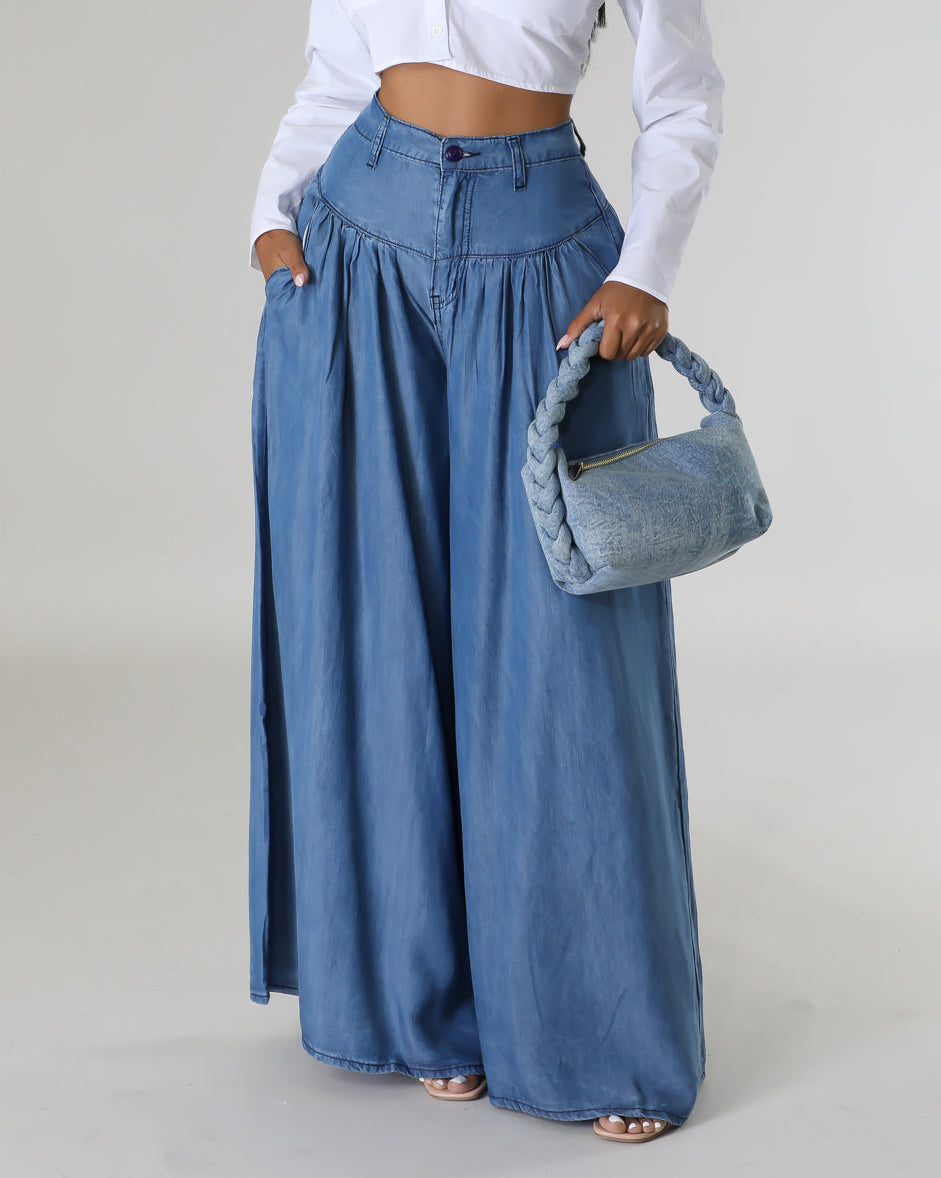 High Waist Zipper Wide Leg Denim Women Pants pentagow