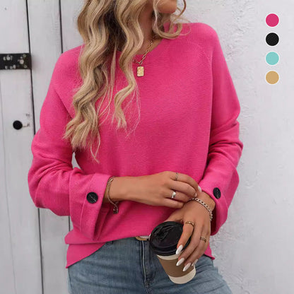 Women's Round Neck Long-Sleeve Sweater with Button Detail pentagow