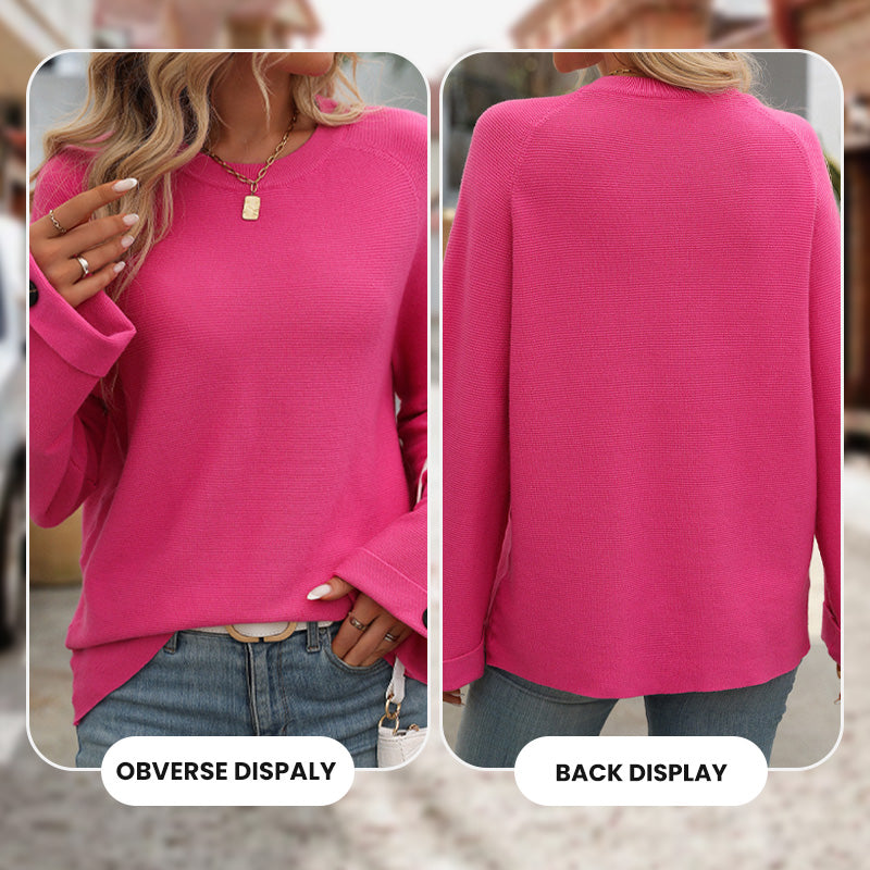 Women's Round Neck Long-Sleeve Sweater with Button Detail pentagow