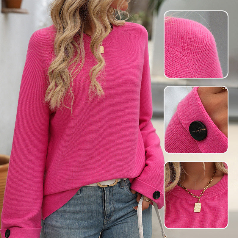 Women's Round Neck Long-Sleeve Sweater with Button Detail pentagow