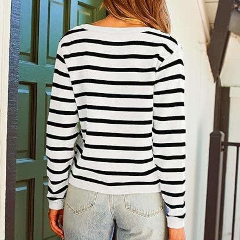 Women’s Trendy Striped Cardigan Sweater with Pockets pentagow