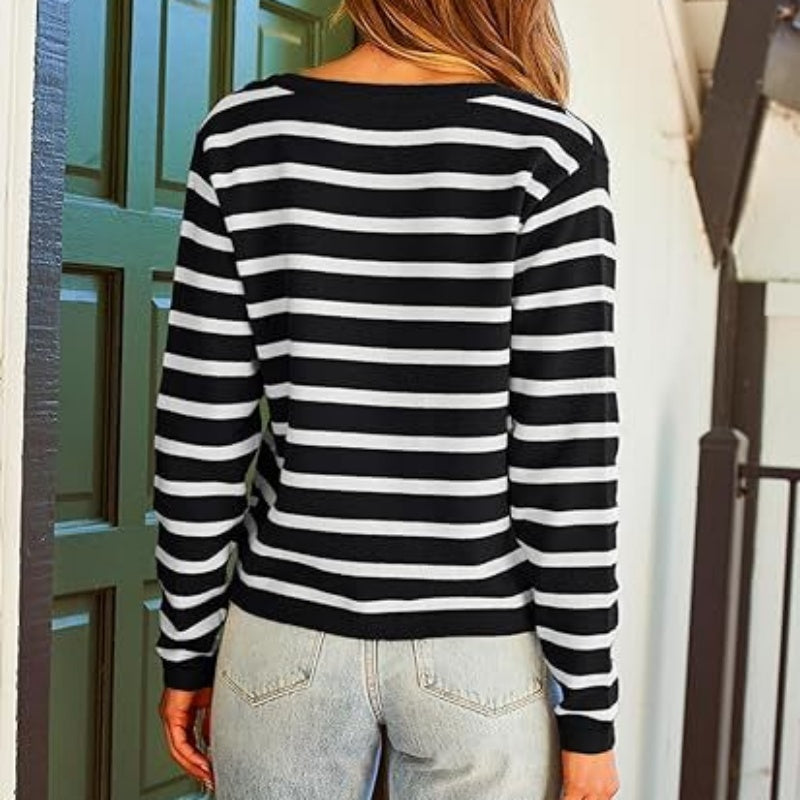 Women’s Trendy Striped Cardigan Sweater with Pockets pentagow