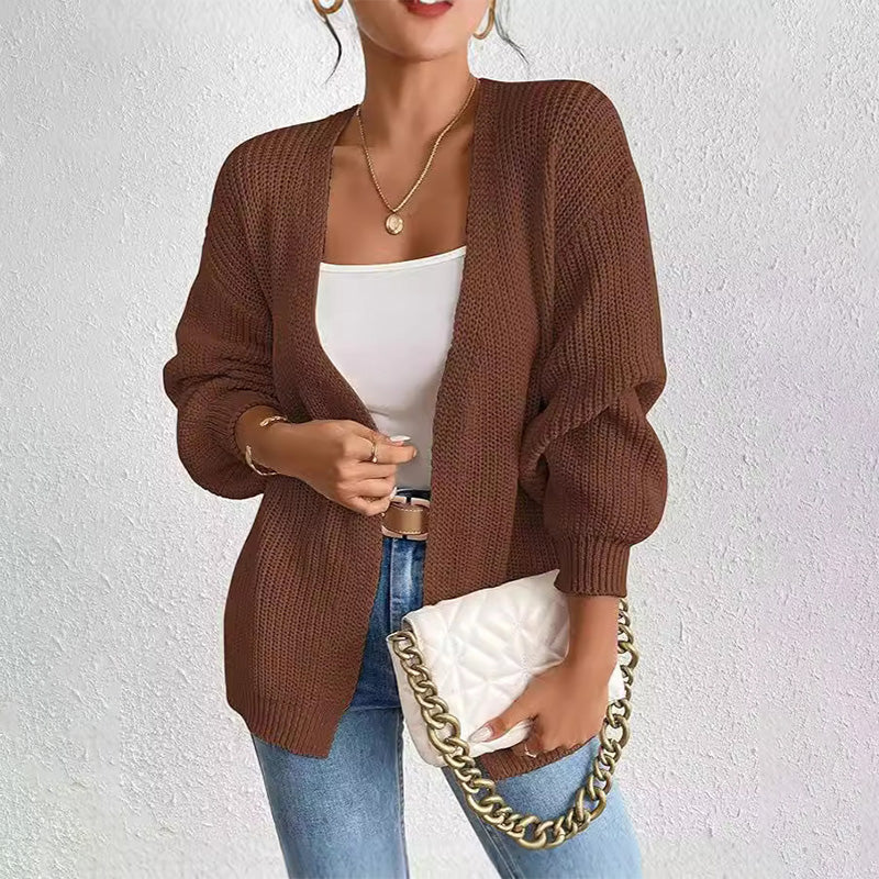 Chunky Knit Open Front Cardigan with Lantern Sleeves pentagow