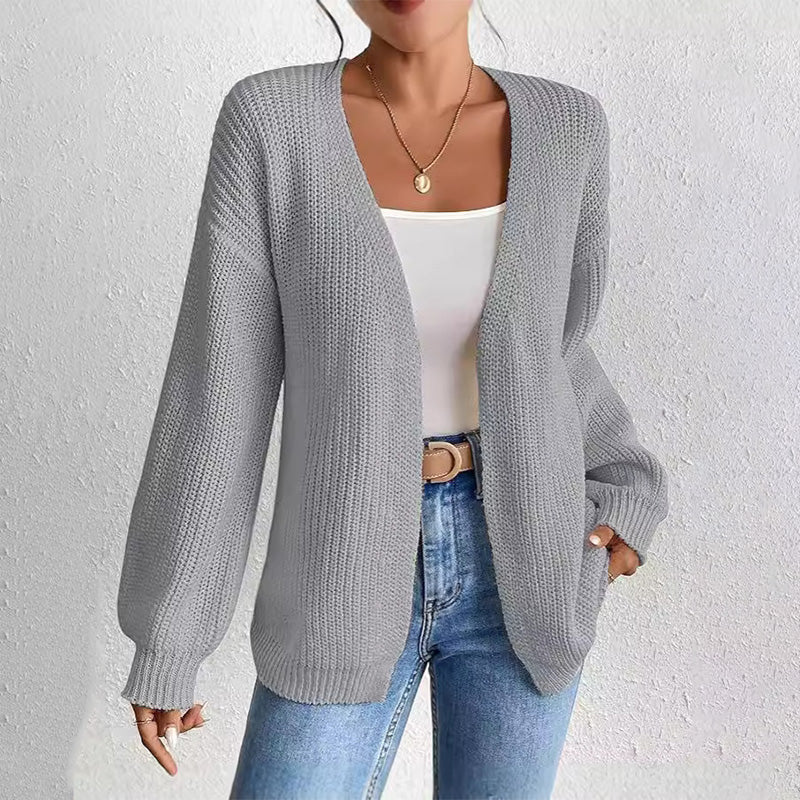 Chunky Knit Open Front Cardigan with Lantern Sleeves pentagow