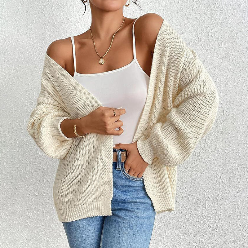 Chunky Knit Open Front Cardigan with Lantern Sleeves pentagow