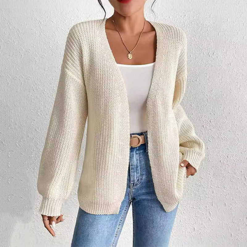 Chunky Knit Open Front Cardigan with Lantern Sleeves pentagow