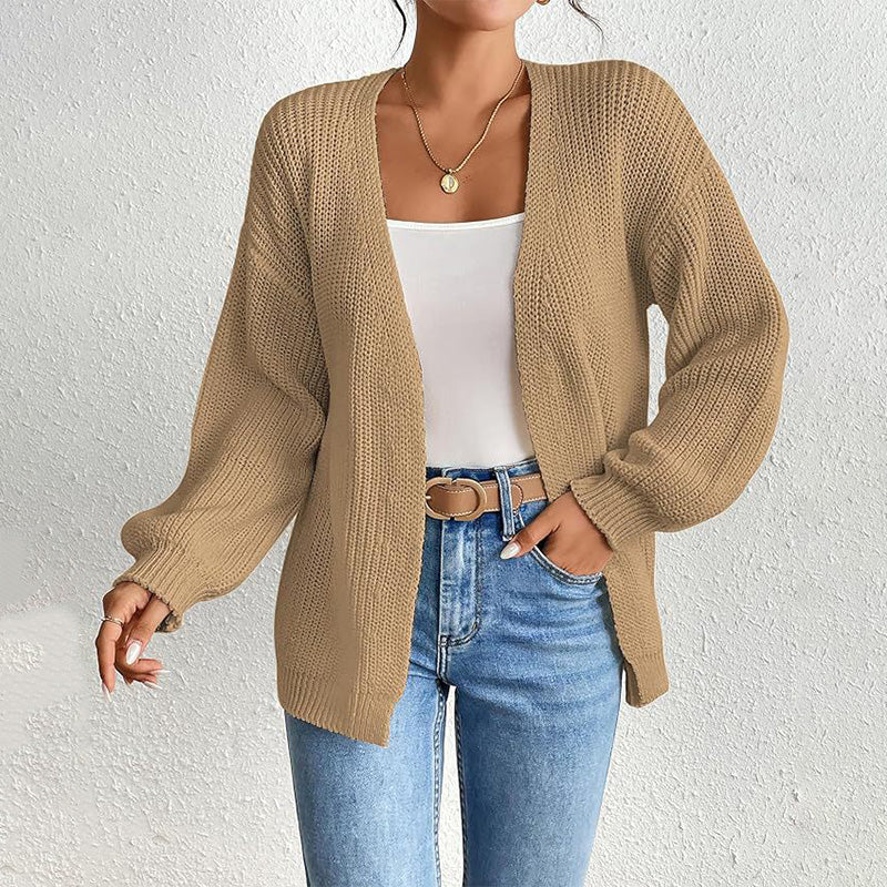 Chunky Knit Open Front Cardigan with Lantern Sleeves pentagow