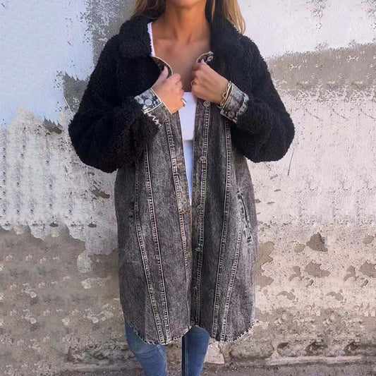 Women’s Sherpa-Lined Denim Long Shirt Jacket pentagow