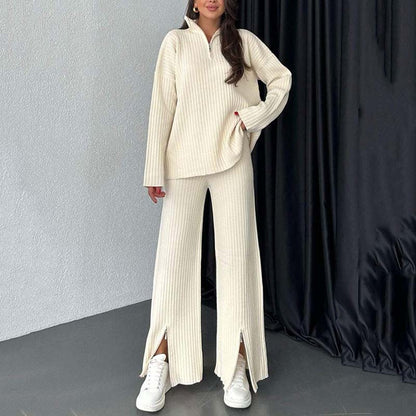 Women's Cozy Ribbed Knit Two-Piece Set with Slit-Leg Pants pentagow