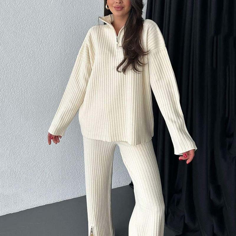 Women's Cozy Ribbed Knit Two-Piece Set with Slit-Leg Pants pentagow