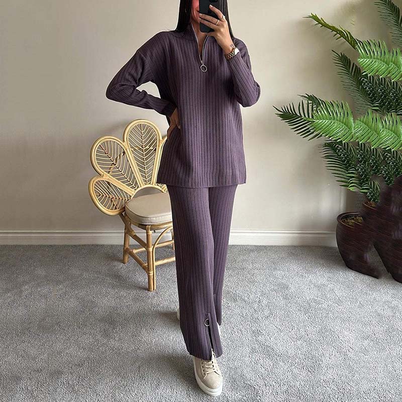 Women's Cozy Ribbed Knit Two-Piece Set with Slit-Leg Pants pentagow