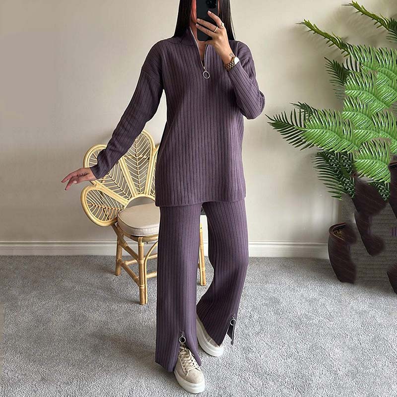 Women's Cozy Ribbed Knit Two-Piece Set with Slit-Leg Pants pentagow