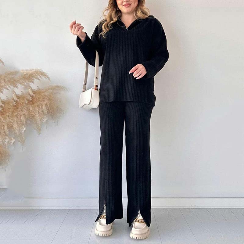 Women's Cozy Ribbed Knit Two-Piece Set with Slit-Leg Pants pentagow