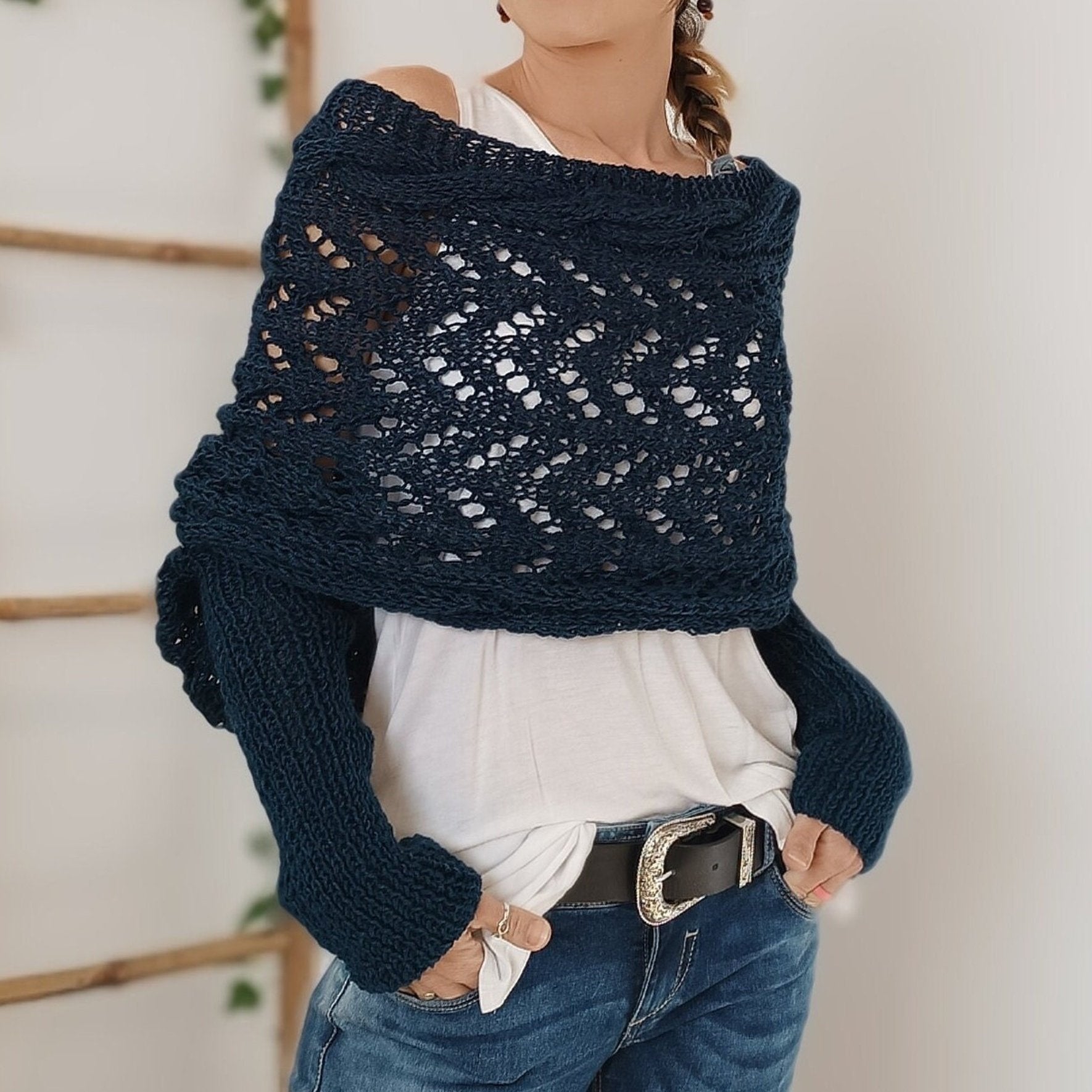 Knitted Cable Wrap Shrugs For Women pentagow