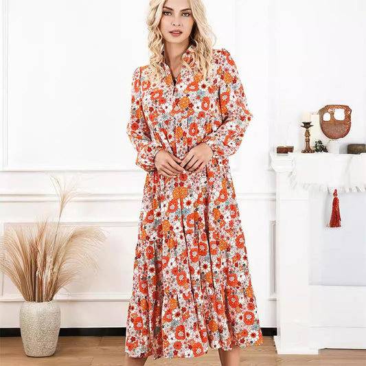 Women's Long Sleeve V Neck Bohemian Midi Dress pentagow