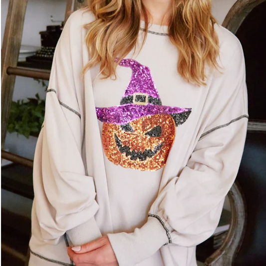 Chic Women's Glittering Pumpkin Wizard Halloween Sweatshirt pentagow