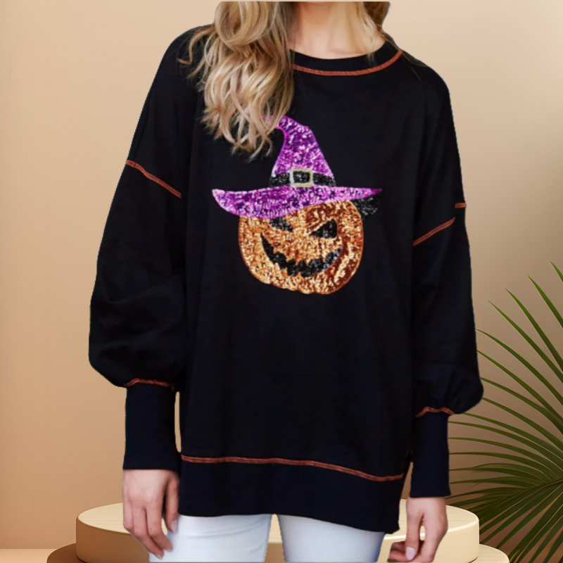 Chic Women's Glittering Pumpkin Wizard Halloween Sweatshirt pentagow