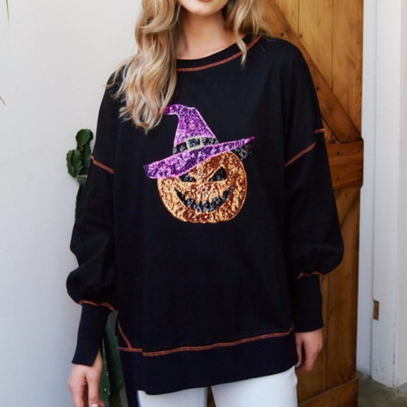 Chic Women's Glittering Pumpkin Wizard Halloween Sweatshirt pentagow