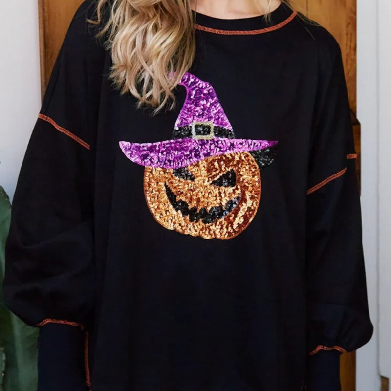 Chic Women's Glittering Pumpkin Wizard Halloween Sweatshirt pentagow