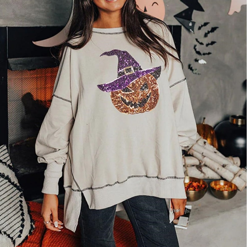 Chic Women's Glittering Pumpkin Wizard Halloween Sweatshirt pentagow