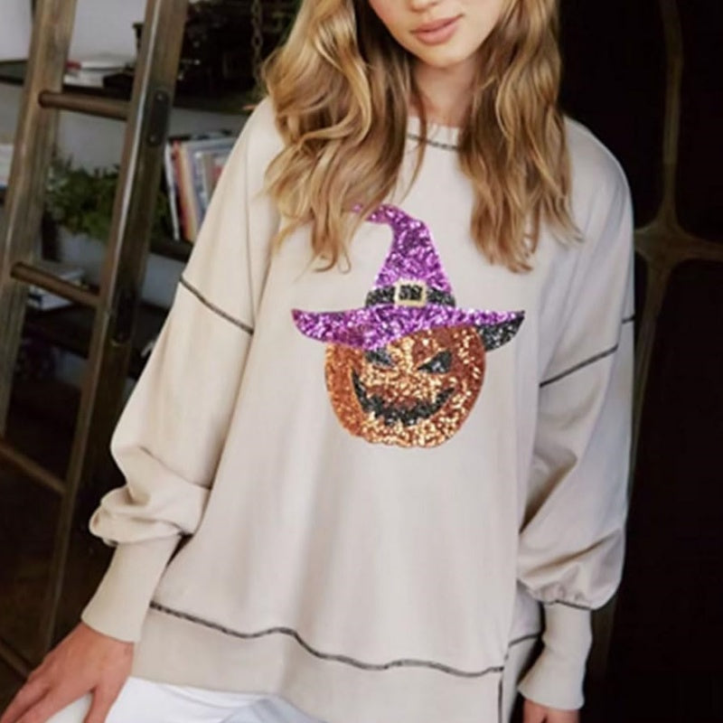 Chic Women's Glittering Pumpkin Wizard Halloween Sweatshirt pentagow