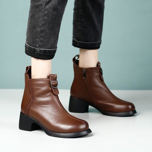 Retro Round Toe Chunky Block Heel Ankle Boots pentagow