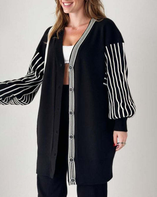 Balloon Sleeve Striped Knitwear Cardigan & Pants Two-piece Set pentagow