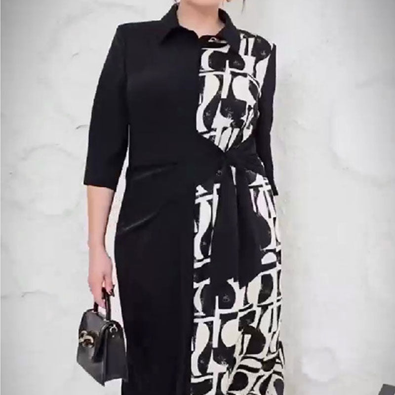 3/4 Sleeve Color-Block Printed Lapel Slit Dress pentagow