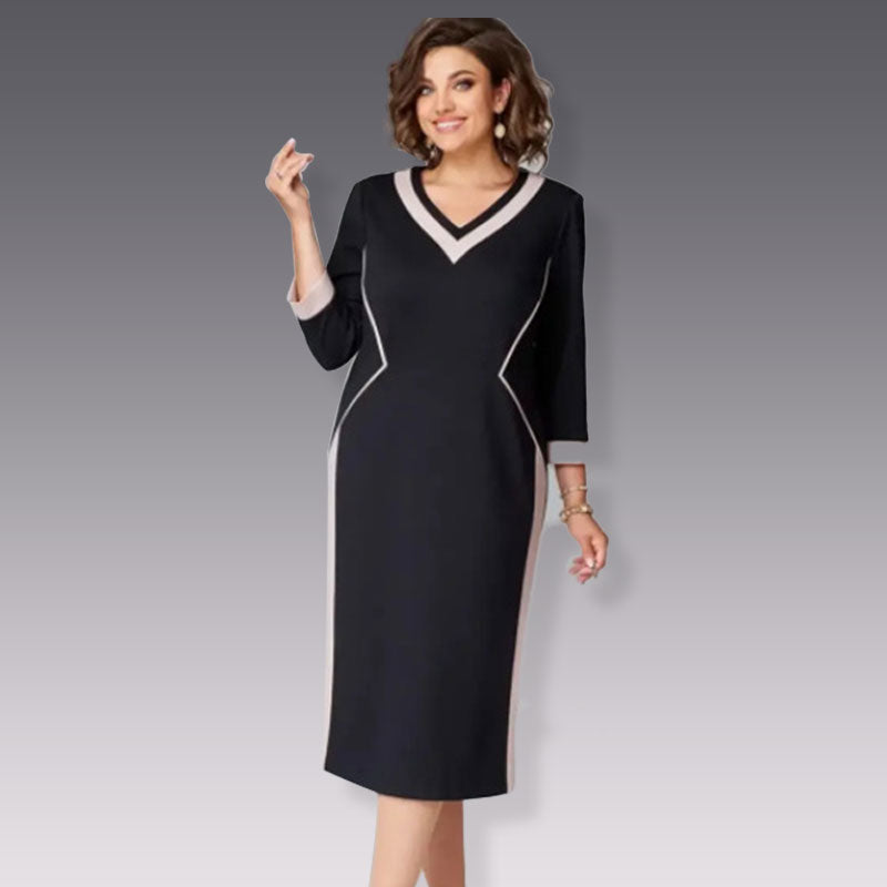 3/4 Sleeve V-Neck Color Block Dress pentagow