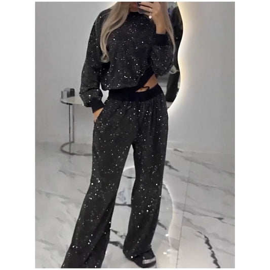 🎅Early Xmas Sales🎄Sequined Loose Fit Top and Wide Leg Pants (2-Piece Set) pentagow