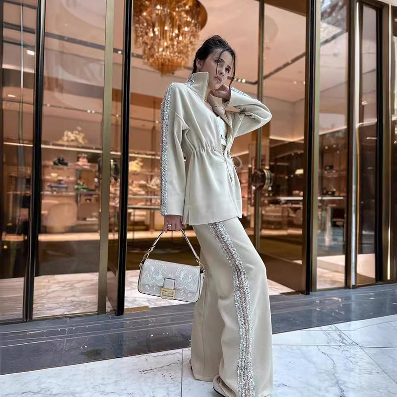 Women's Elegant Sequin-Trimmed Top and Wide-Leg Pants Set pentagow