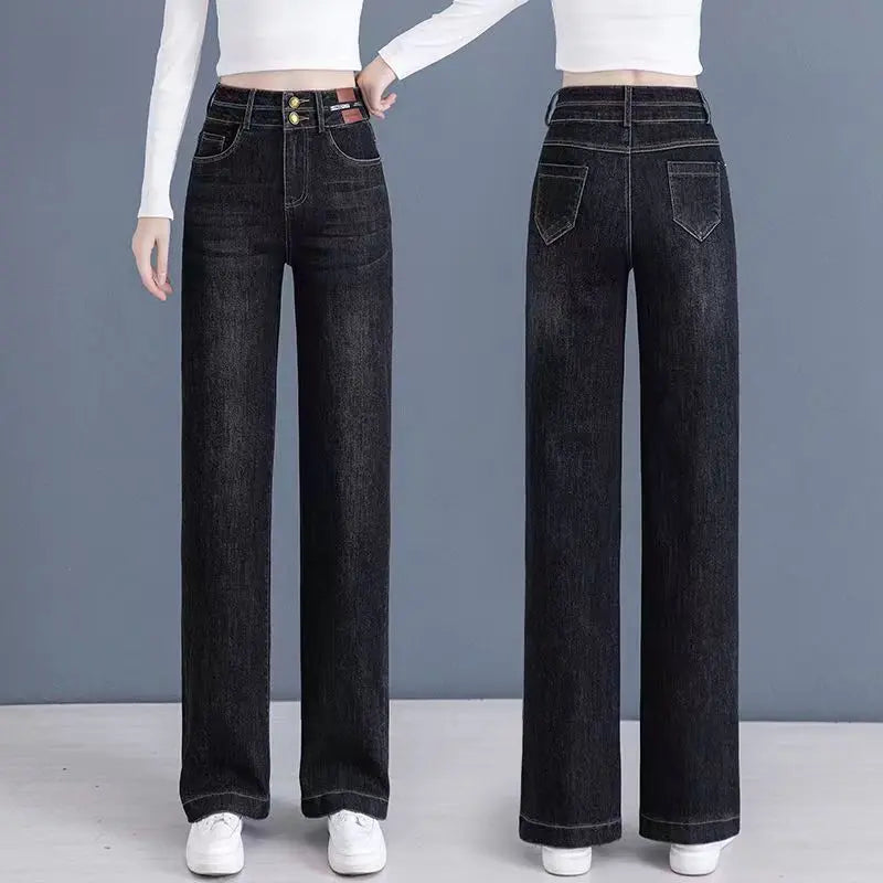 Hög midja dubbelbröstade raka jeans med breda ben pentagow