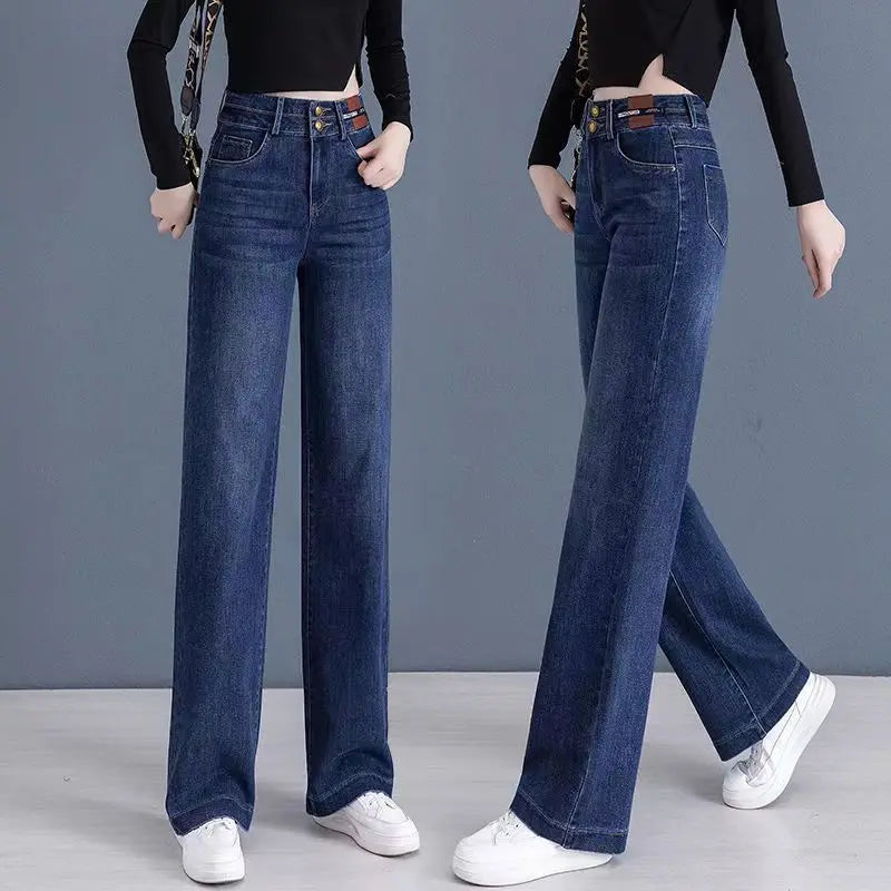 Hög midja dubbelbröstade raka jeans med breda ben pentagow