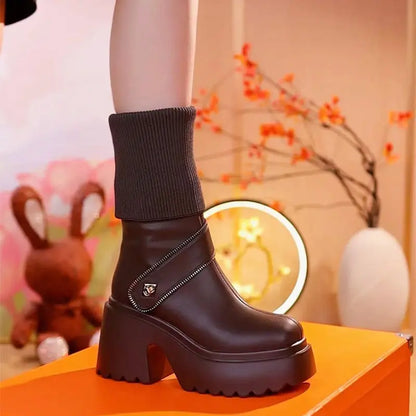 🔥hot Försäljning/gratis frakt🔥 Kvinnrens plattform Chunky Heel Knee High Boots （50% rabatt） pentagow